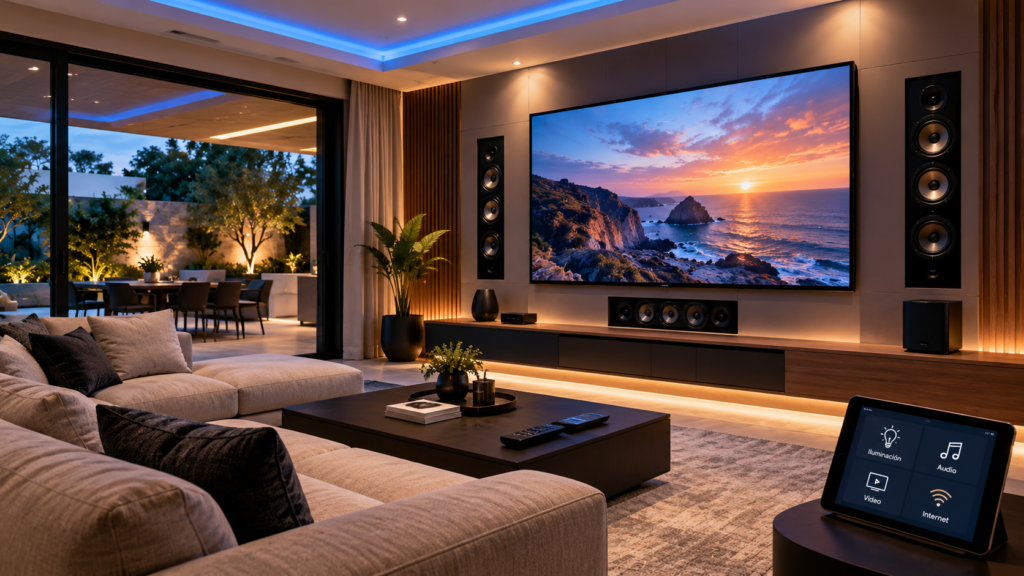 Sala de entretenimiento moderna con pantalla de gran formato, sistema de audio integrado e iluminación ambiental.