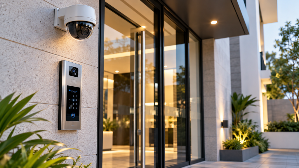Entrada moderna con cámara de videovigilancia y sistema electrónico de control de acceso.