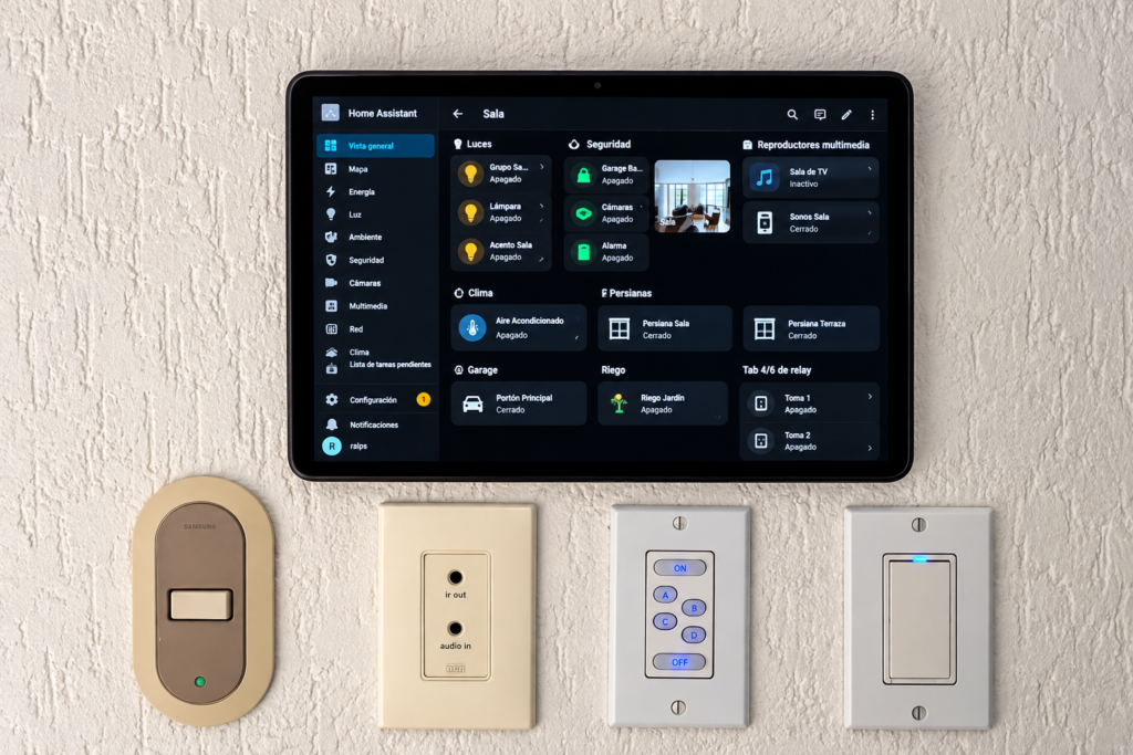 Interfaz de control de hogar inteligente con pantalla Home Assistant y controles físicos para iluminación y otros sistemas.